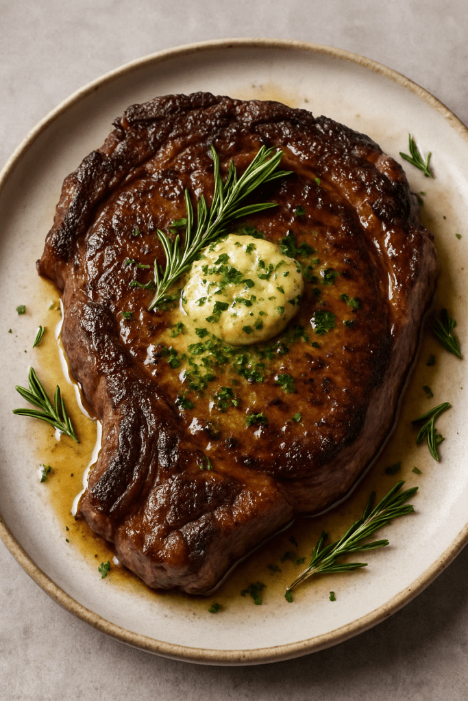 A perfectly cooked cast iron ribeye steak topped with garlic herb butter, garnished with fresh herbs on a plate.
