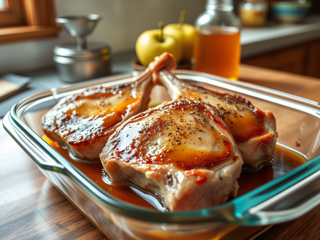 Marinated pork chops glazed with maple syrup resting in a glass dish, surrounded by apples and a bottle of liquid, set on a wooden countertop.