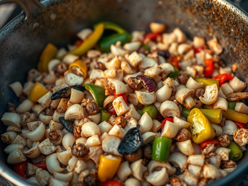 A pot filled with sautéed vegetables including bell peppers, mushrooms, and pasta, showcasing a colorful mix in a smoky, rustic cooking setting.