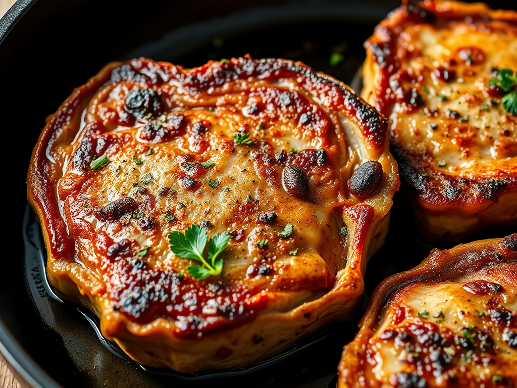 Close-up of a dish featuring golden-brown, baked pork chops topped with a rich glaze and garnished with fresh parsley.