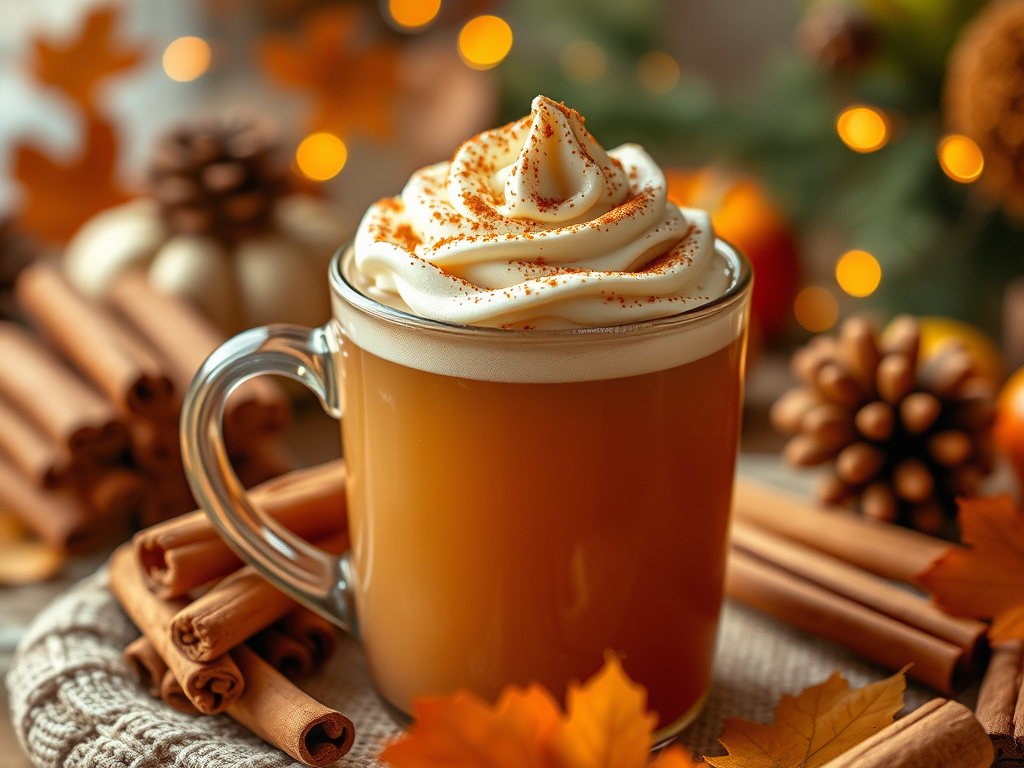 A cozy mug of pumpkin spice latte topped with whipped cream and a sprinkle of cinnamon, surrounded by cinnamon sticks, autumn leaves, and seasonal decorations.