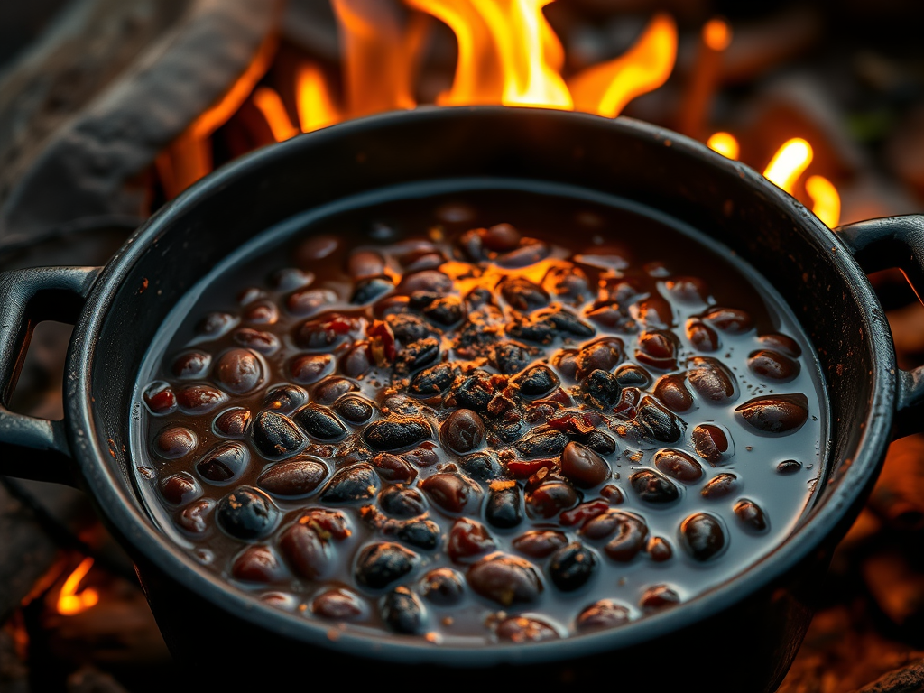 A cast iron pot filled with black bean soup simmering over a campfire, surrounded by glowing flames and wooden logs.