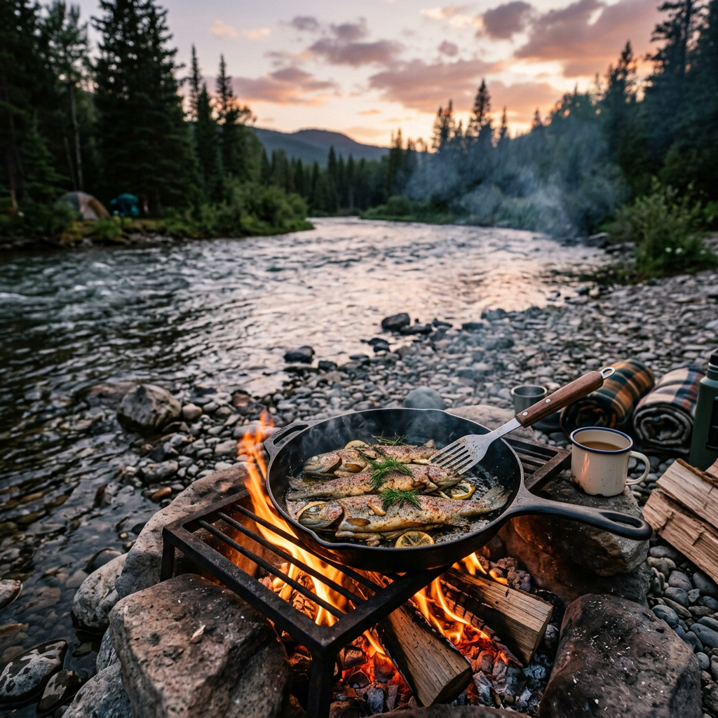 Fresh fish cooking in a cast iron skillet over a campfire near a river