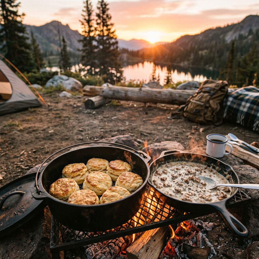 Cast iron skillet with biscuits and pan with sausage gravy cooking on campfire grill